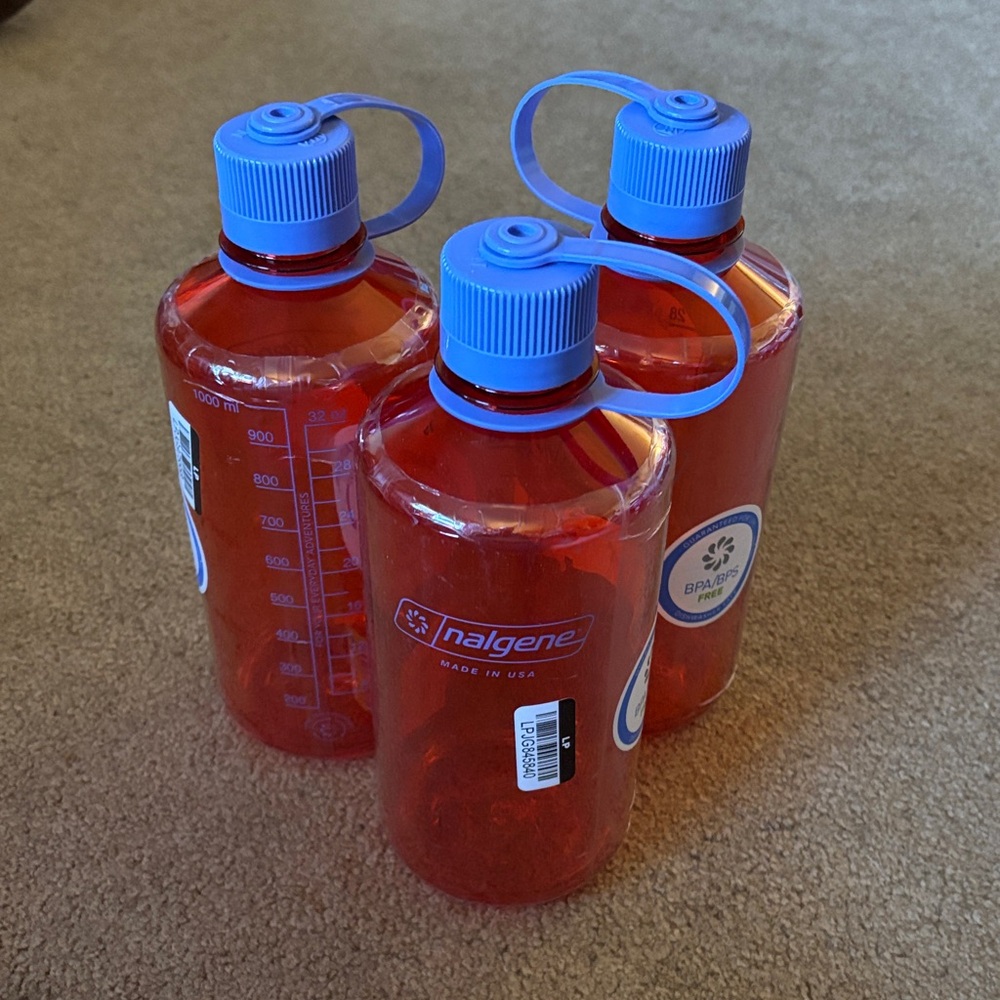 3 Red Nalgene Water Bottles with Blue Caps